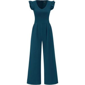 imagePRETTYGARDEN One Piece Jumpsuits For Women Dressy Ruffle Cap Sleeve V Neck Ribbed Knit Wide Leg Romper Casual Spring OutfitsLake Blue