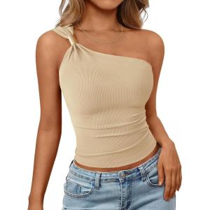 imagePRETTYGARDEN One Shoulder Going Out Tops for Women 2026 Summer Trendy Sleeveless Fitted Ribbed Shirts Spring Y2K ClothesApricot
