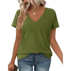 imagePRETTYGARDEN Oversized Tshirts Shirts for Women Summer Tops 2026 Casual Short Sleeve V Neck Loose Basic Tees Spring ClothesGreen