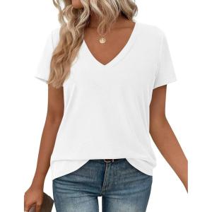 imagePRETTYGARDEN Oversized Tshirts Shirts for Women Summer Tops 2026 Casual Short Sleeve V Neck Loose Basic Tees Spring ClothesWhite
