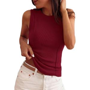 imagePRETTYGARDEN Sleeveless Tops for Women 2026 Summer Ribbed Tank Top Fitted Shirts Basic Tees Cute Spring Going Out Y2k ClothesBurgundy