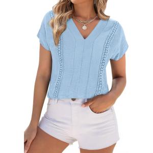 imagePRETTYGARDEN Spring Tops for Women 2026 Summer Fashion Clothes Dressy Casual Blouses Cap Sleeve V Neck Shirts Work OutfitsLight Blue