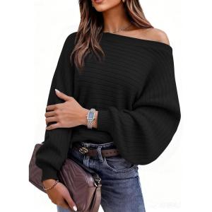 imagePRETTYGARDEN Sweaters for Women Oversized Spring Boat Neck Pullover Long Sleeve Knit Tops Cozy Fall Winter Fashion ClothingBlack