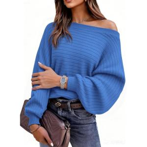 imagePRETTYGARDEN Sweaters for Women Oversized Spring Boat Neck Pullover Long Sleeve Knit Tops Cozy Fall Winter Fashion ClothingBlue
