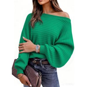 imagePRETTYGARDEN Sweaters for Women Oversized Spring Boat Neck Pullover Long Sleeve Knit Tops Cozy Fall Winter Fashion ClothingGreen