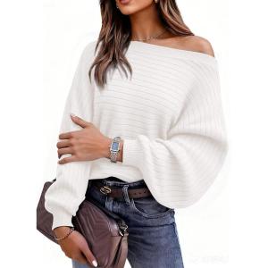 imagePRETTYGARDEN Sweaters for Women Oversized Spring Boat Neck Pullover Long Sleeve Knit Tops Cozy Fall Winter Fashion ClothingWhite
