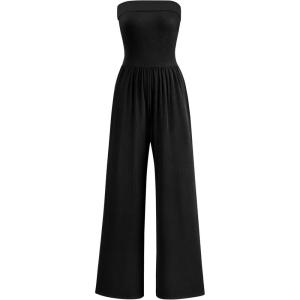 imagePRETTYGARDEN Tube Jumpsuits for Women Dressy Casual Off Shoulder Wide Leg Rompers Jumper One Piece Vacation Summer OutfitsBlack