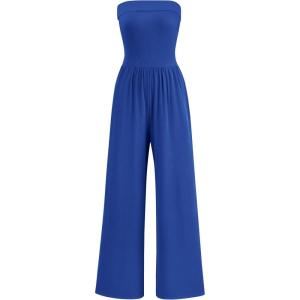 imagePRETTYGARDEN Tube Jumpsuits for Women Dressy Casual Off Shoulder Wide Leg Rompers Jumper One Piece Vacation Summer OutfitsBlue