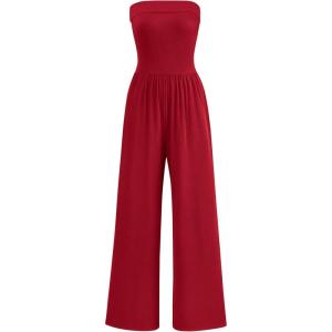 imagePRETTYGARDEN Tube Jumpsuits for Women Dressy Casual Off Shoulder Wide Leg Rompers Jumper One Piece Vacation Summer OutfitsRed