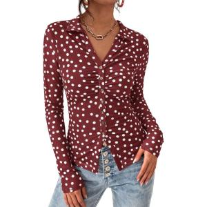 imagePRETTYGARDEN Women Button Down Floral Shirts 2026 Fall Trendy Long Sleeve V Neck Mesh Boho Blouse Spring Tops Date Outfits01 Dot Burgundy White