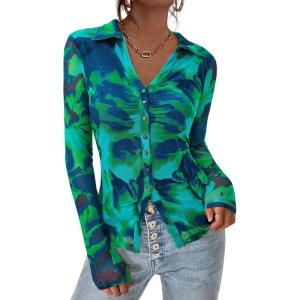 imagePRETTYGARDEN Women Button Down Floral Shirts 2026 Fall Trendy Long Sleeve V Neck Mesh Boho Blouse Spring Tops Date OutfitsFloral Blue Green