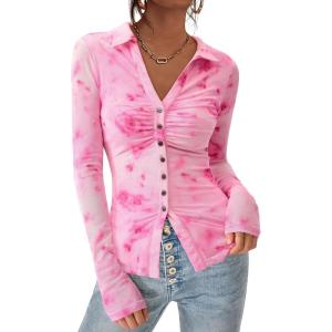 imagePRETTYGARDEN Women Button Down Floral Shirts 2026 Fall Trendy Long Sleeve V Neck Mesh Boho Blouse Spring Tops Date OutfitsPink