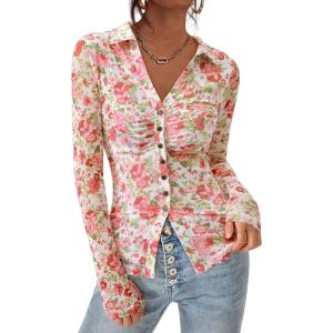 imagePRETTYGARDEN Women Button Down Floral Shirts 2026 Fall Trendy Long Sleeve V Neck Mesh Boho Blouse Spring Tops Date OutfitsWhite Pink Floral