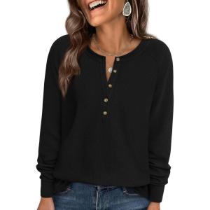 imagePRETTYGARDEN Women Long Sleeve Waffle Knit Shirts 2026 Fall Casual Button V Neck Loose Henley Tops Basic Tees Winter ClothesBlack