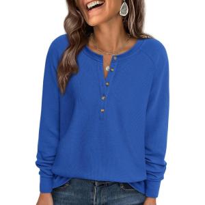 imagePRETTYGARDEN Women Long Sleeve Waffle Knit Shirts 2026 Fall Casual Button V Neck Loose Henley Tops Basic Tees Winter ClothesBlue