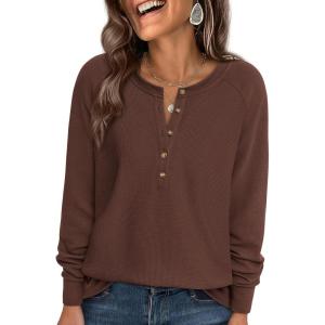 imagePRETTYGARDEN Women Long Sleeve Waffle Knit Shirts 2026 Fall Casual Button V Neck Loose Henley Tops Basic Tees Winter ClothesBrown