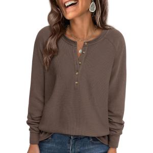 imagePRETTYGARDEN Women Long Sleeve Waffle Knit Shirts 2026 Fall Casual Button V Neck Loose Henley Tops Basic Tees Winter ClothesCoffee