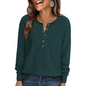 imagePRETTYGARDEN Women Long Sleeve Waffle Knit Shirts 2026 Fall Casual Button V Neck Loose Henley Tops Basic Tees Winter ClothesDark Green