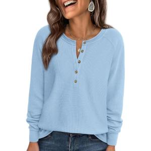 imagePRETTYGARDEN Women Long Sleeve Waffle Knit Shirts 2026 Fall Casual Button V Neck Loose Henley Tops Basic Tees Winter ClothesLight Blue
