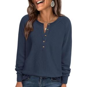 imagePRETTYGARDEN Women Long Sleeve Waffle Knit Shirts 2026 Fall Casual Button V Neck Loose Henley Tops Basic Tees Winter ClothesNavy Blue