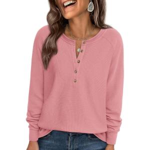 imagePRETTYGARDEN Women Long Sleeve Waffle Knit Shirts 2026 Fall Casual Button V Neck Loose Henley Tops Basic Tees Winter ClothesPink
