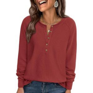 imagePRETTYGARDEN Women Long Sleeve Waffle Knit Shirts 2026 Fall Casual Button V Neck Loose Henley Tops Basic Tees Winter ClothesRust