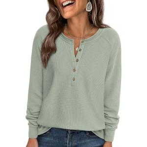 imagePRETTYGARDEN Women Long Sleeve Waffle Knit Shirts 2026 Fall Casual Button V Neck Loose Henley Tops Basic Tees Winter ClothesSage Green