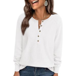 imagePRETTYGARDEN Women Long Sleeve Waffle Knit Shirts 2026 Fall Casual Button V Neck Loose Henley Tops Basic Tees Winter ClothesWhite