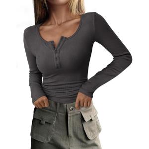 imagePRETTYGARDEN Womens 2026 Fall Long Sleeve Henley T Shirts Button Ribbed Knit Slim Fit Basic Tops Blouse Casual OutfitsDark Grey