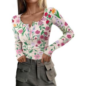 imagePRETTYGARDEN Womens 2026 Fall Long Sleeve Henley T Shirts Button Ribbed Knit Slim Fit Basic Tops Blouse Casual OutfitsFloral Apricot Multicolored