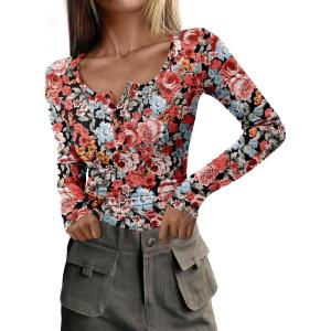 imagePRETTYGARDEN Womens 2026 Fall Long Sleeve Henley T Shirts Button Ribbed Knit Slim Fit Basic Tops Blouse Casual OutfitsFloral Black Multicolored