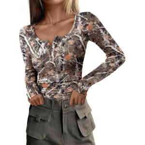 imagePRETTYGARDEN Womens 2026 Fall Long Sleeve Henley T Shirts Button Ribbed Knit Slim Fit Basic Tops Blouse Casual OutfitsFloral Khaki