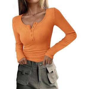 imagePRETTYGARDEN Womens 2026 Fall Long Sleeve Henley T Shirts Button Ribbed Knit Slim Fit Basic Tops Blouse Casual OutfitsOrange