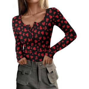 imagePRETTYGARDEN Womens 2026 Fall Long Sleeve Henley T Shirts Button Ribbed Knit Slim Fit Basic Tops Blouse Casual OutfitsSmall Heart