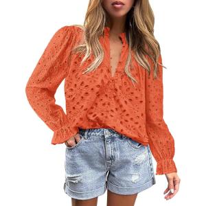 imagePRETTYGARDEN Womens Dressy Casual Blouse Tops Fall Spring Puff Long Sleeve Button V Neck Hollow Out Lace Embroidered ShirtsOrange