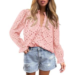 imagePRETTYGARDEN Womens Dressy Casual Blouse Tops Fall Spring Puff Long Sleeve Button V Neck Hollow Out Lace Embroidered ShirtsPink