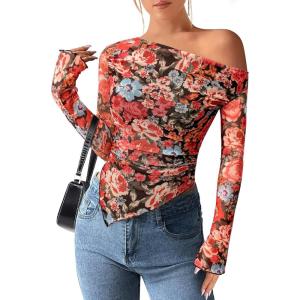 imagePRETTYGARDEN Womens Fall Trendy Off Shoulder Y2k Tops 2026 Tie Dye Mesh Long Sleeve Shirts Asymmetrical Ruched Floral BlouseFloral Black Multicolored