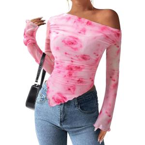 imagePRETTYGARDEN Womens Fall Trendy Off Shoulder Y2k Tops 2026 Tie Dye Mesh Long Sleeve Shirts Asymmetrical Ruched Floral BlouseFloral Pink Red