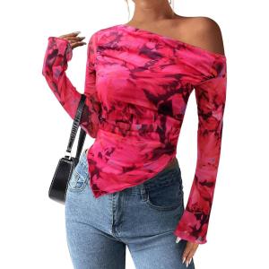 imagePRETTYGARDEN Womens Fall Trendy Off Shoulder Y2k Tops 2026 Tie Dye Mesh Long Sleeve Shirts Asymmetrical Ruched Floral BlouseFloral Rose Red