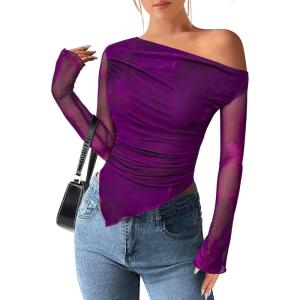 imagePRETTYGARDEN Womens Fall Trendy Off Shoulder Y2k Tops 2026 Tie Dye Mesh Long Sleeve Shirts Asymmetrical Ruched Floral BlousePrint Purple