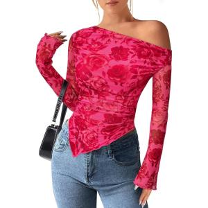 imagePRETTYGARDEN Womens Fall Trendy Off Shoulder Y2k Tops 2026 Tie Dye Mesh Long Sleeve Shirts Asymmetrical Ruched Floral BlouseRose Tan