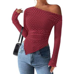 imagePRETTYGARDEN Womens Fall Trendy Off Shoulder Y2k Tops 2026 Tie Dye Mesh Long Sleeve Shirts Asymmetrical Ruched Floral BlouseSmall Dot Red White