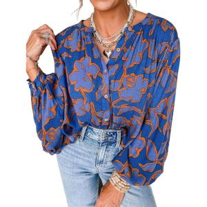 imagePRETTYGARDEN Womens Floral Button Down Blouse 2026 Fall Fashion Dressy Casual Long Sleeve Shirts Spring Top Boho ClothesBlue