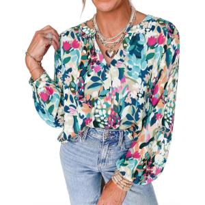 imagePRETTYGARDEN Womens Floral Button Down Blouse 2026 Fall Fashion Dressy Casual Long Sleeve Shirts Spring Top Boho ClothesFloral Blue Green