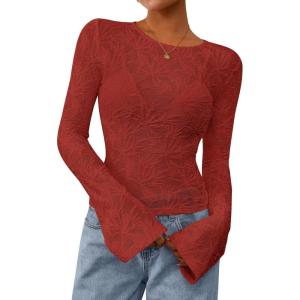 imagePRETTYGARDEN Womens Lace Long Bell Sleeve Tops 2026 Fall Sexy See Through Sheer Floral Blouse Shirt Spring Going Out OutfitsRed