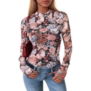 imagePRETTYGARDEN Womens Long Sleeve Going Out Tops 2026 Spring Y2K Clothes Mesh Floral Fitted Shirts Date Night OutfitFloral Black Blue