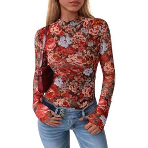 imagePRETTYGARDEN Womens Long Sleeve Going Out Tops 2026 Spring Y2K Clothes Mesh Floral Fitted Shirts Date Night OutfitFloral Black Red