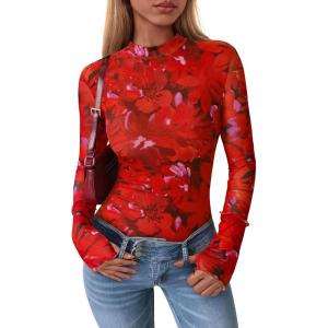 imagePRETTYGARDEN Womens Long Sleeve Going Out Tops 2026 Spring Y2K Clothes Mesh Floral Fitted Shirts Date Night OutfitFloral Orange Red