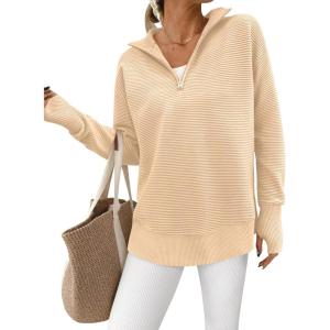 imagePRETTYGARDEN Womens Long Sleeve Quarter Zip Pullover Sweater Casual Loose V Neck Collared Ribbed Knit Jumper Tops Thumb HoleDark Apricot