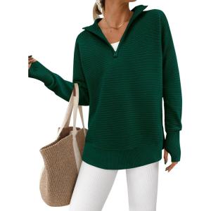 imagePRETTYGARDEN Womens Long Sleeve Quarter Zip Pullover Sweater Casual Loose V Neck Collared Ribbed Knit Jumper Tops Thumb HoleDark Green